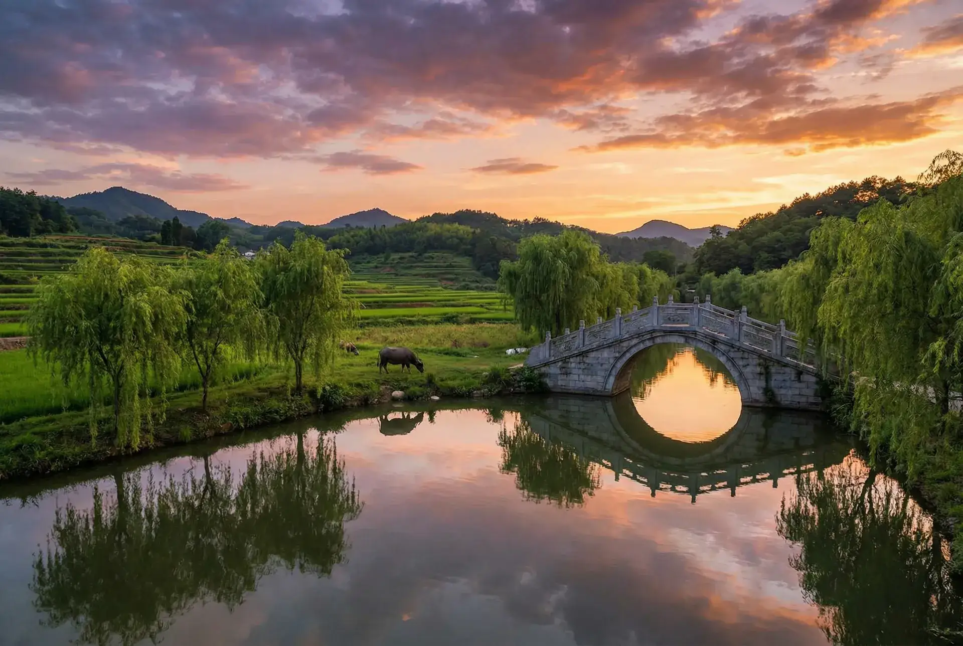 夕阳下的石拱桥与垂柳，水牛在河边吃草 - caoprom超碰公开国产 乡村美景